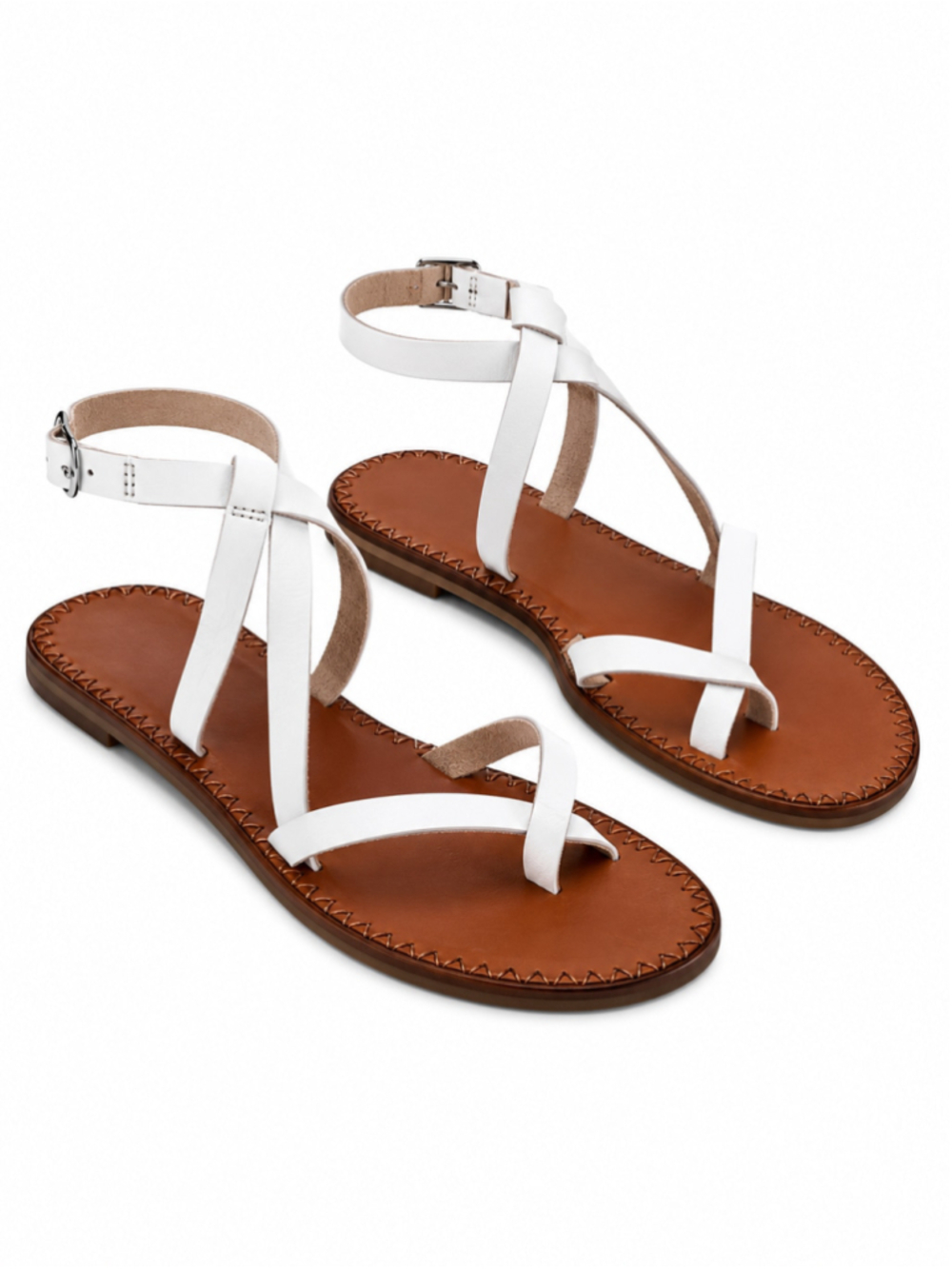 M&C Women’s White Leather Strappy Flat Sandals Women’s US 7 EU 38 Made in Spain - Picture 1 of 9